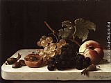 Emilie Preyer Canvas Paintings - Grapes Acorns and Apricots on a Marble Ledge